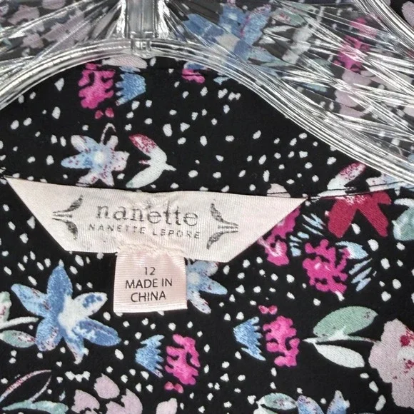 Nanette Lepore Shirt Dress Women 12 Black Floral Polka Dot Pleated Long Sleeve - Picture 3 of 9